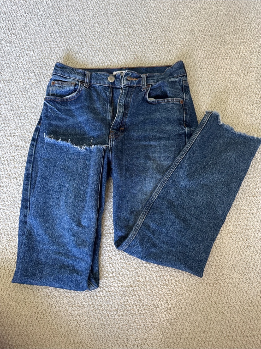 Pull&Bear Women's Straight Leg Jeans in Dark Blue Denim